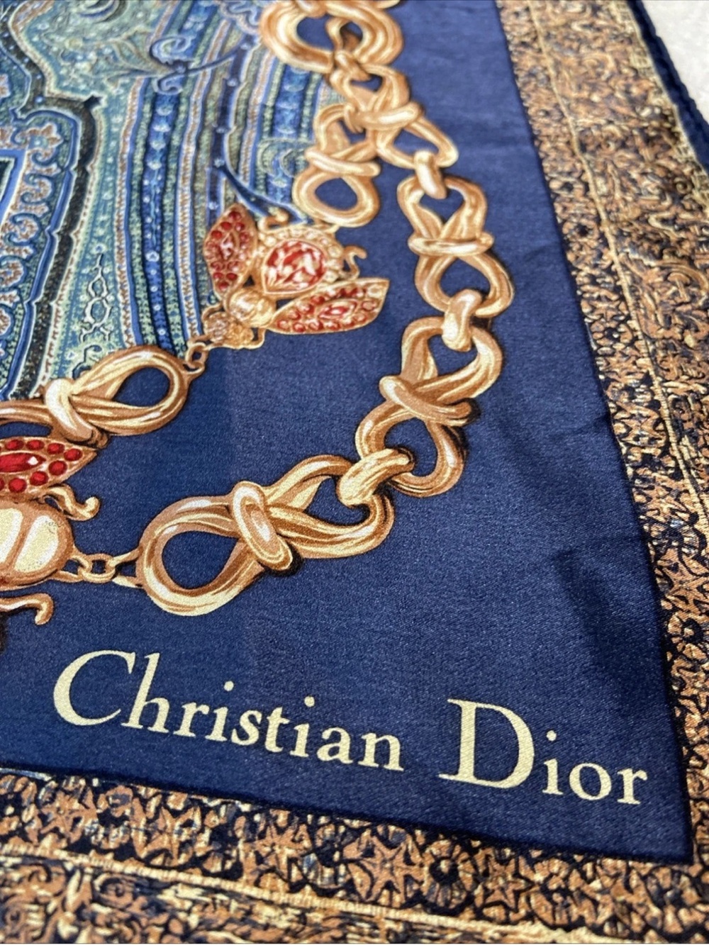 DIOR Vintage SILK Scarf 35” NAVY Gold/Ruby Jewel & Blue-Green Paisley print EUC - Picture 2 of 16